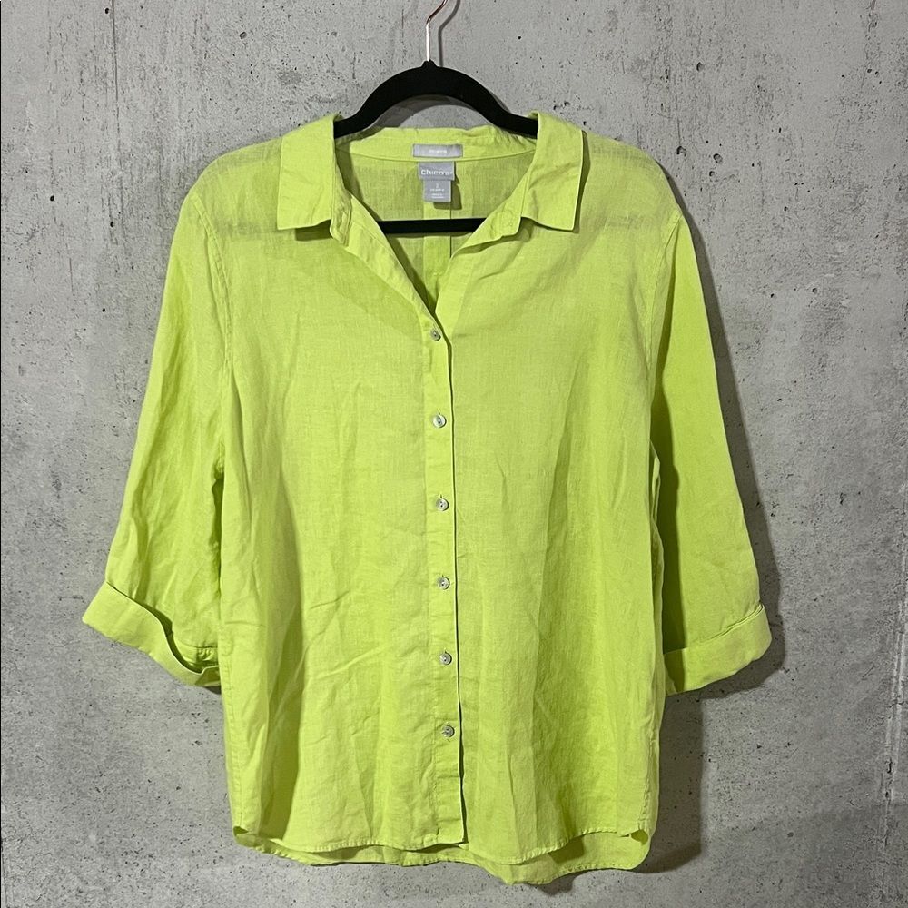 Chico's Linen Bright Green Button Up Blouse Top Women's Large 12 Relaxed